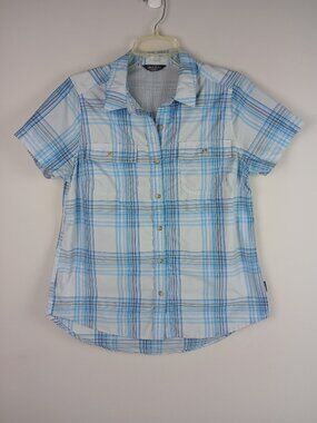 Eddie Bauer Women M Blue White Plaid Fishing Gear Short Sleeve Button Down Shirt